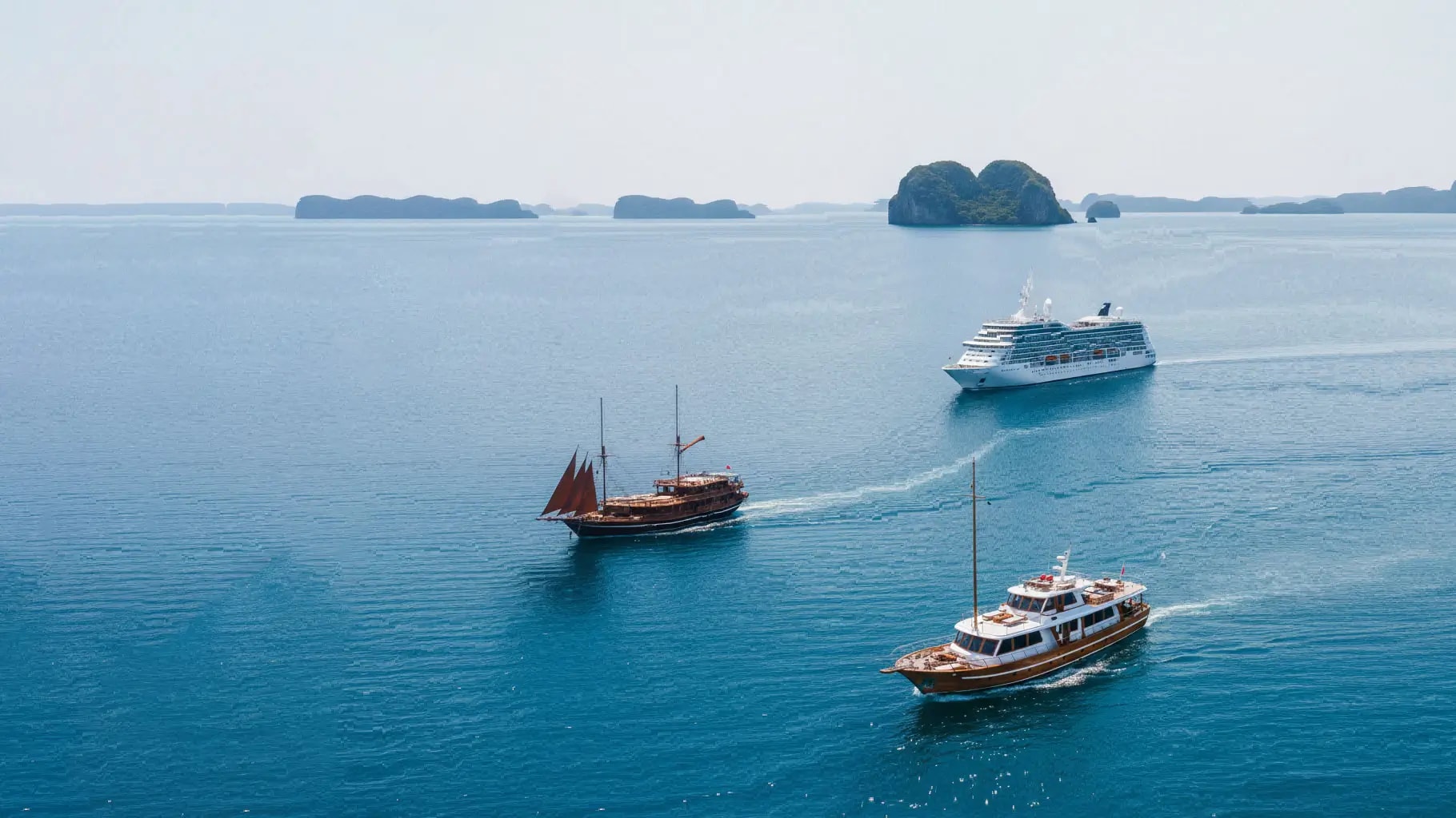 Luxury cruise ship on ocean with sunset view